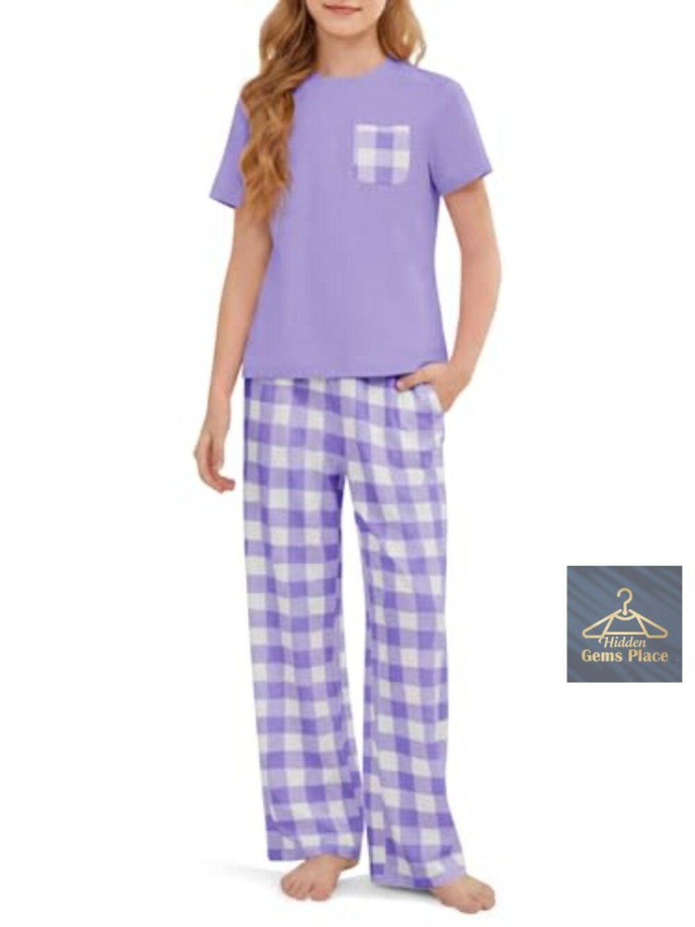 Girls 2-Piece Pajama Set Short Sleeve Top Plaid Pants Sleepwear Lounge